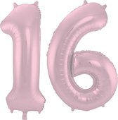 De Ballonnenkoning - Folieballon Cijfer 16 Pastel Roze Metallic Mat - 86 cm