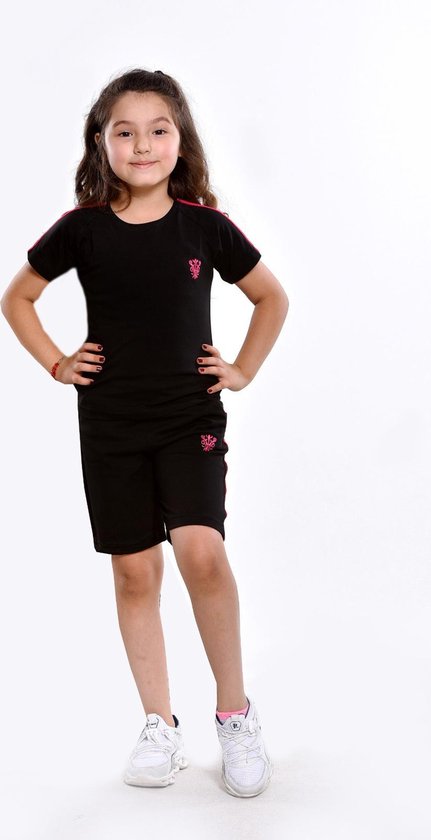 Sportkleding Set / Gympak - T-Shirt en Korte Broek - 98/104 - Meisjes Zwart  Roze | bol.com