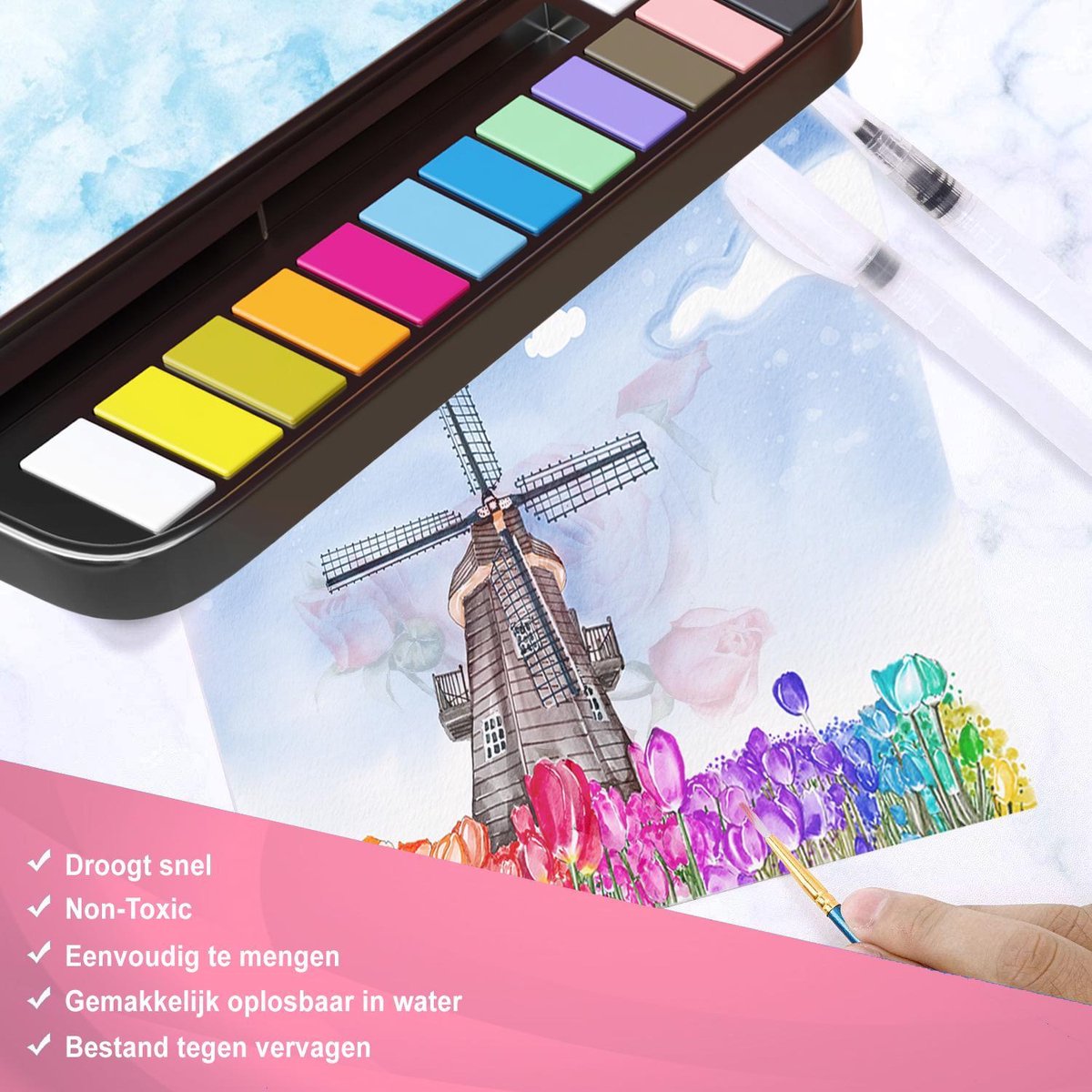 Rubye® Waterverf - Aquarelverf - Brush Pen - Penseel - Verven - Waterverf Volwassenen - Waterverf Kinderen - Schilderen op Nummer - 12 Kleuren — afbeelding 3