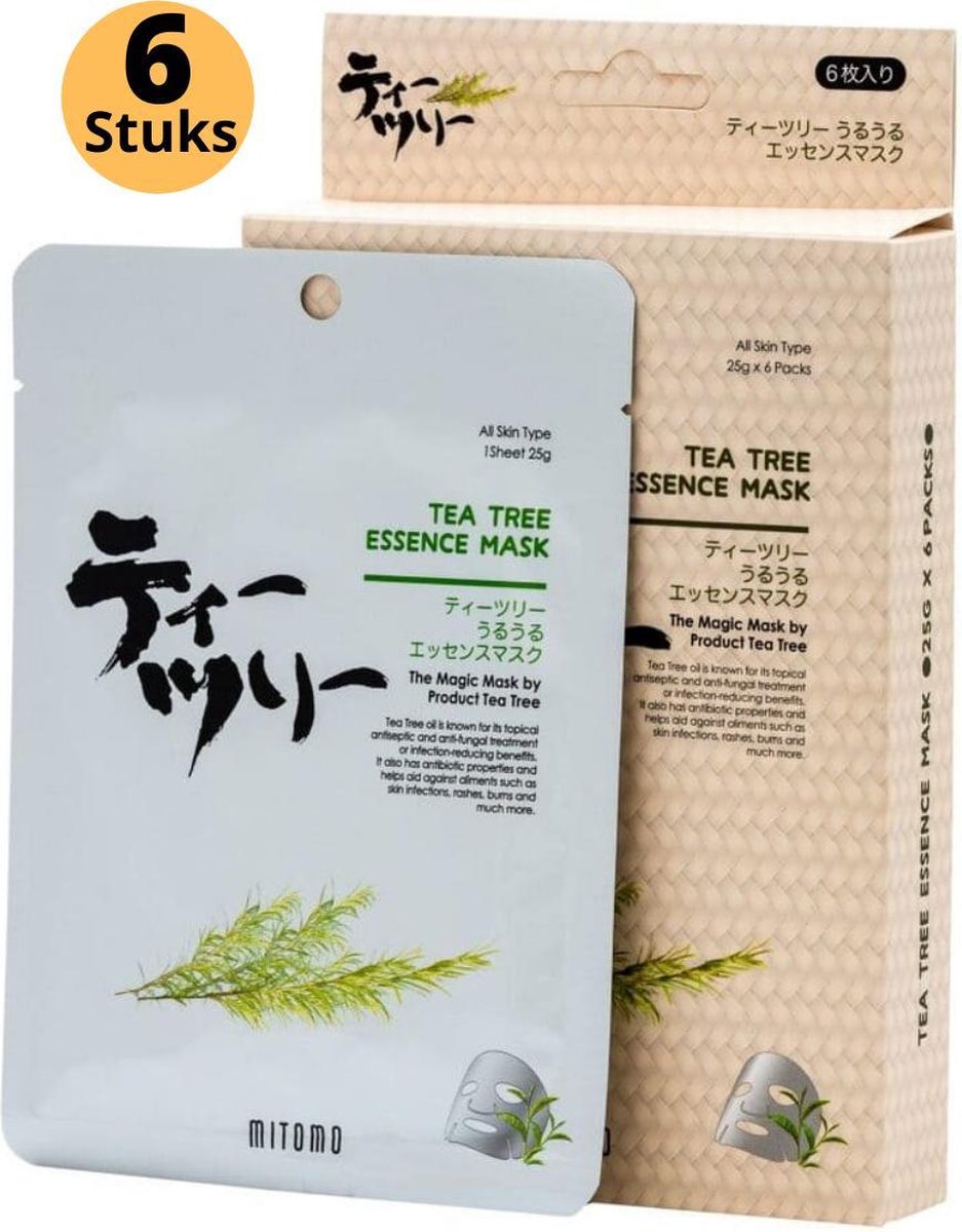 Mitomo Tea Tree Olie Gezichtsmasker - Gezichtsmaskers Verzorging - Face Mask Beauty - Face Mask Japans - Gezichtsverzorging Dames - Japanese Rituals Skincare Sheet Mask - 6 Stuks