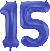 De Ballonnenkoning - Folieballon Cijfer 15 Blauw Metallic Mat - 86 cm
