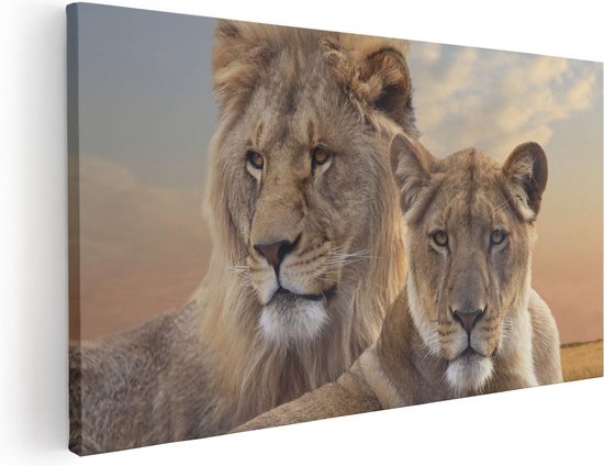 Artaza Canvas Schilderij Leeuw En Leeuwin - 40x20 - Klein - Foto Op Canvas - Canvas Print