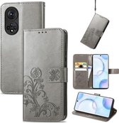 Voor Honor 50 Vier-blad sluiting Reliëf Gesp Mobiele Telefoon Bescherming Lederen Case met Lanyard & Kaartsleuf & Portemonnee & Beugel Functie (Grijs)
