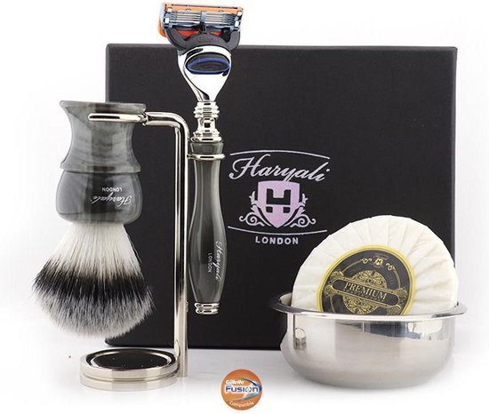 5 Rand compatibel Shaving Scheermes met COMPLEET SHAVING SET IN GRIJZE HOORN KLEUR. CADEAU VOOR HEM
