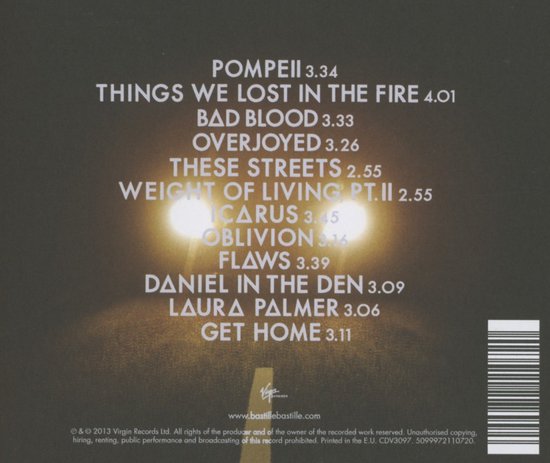 Achterkant van een cd-hoes met de titel 'Bad Blood' en tracklist. Een weg met verlichting op de achtergrond.