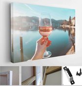 Female hand with glass of wine. Cozy pier on the coast of the lake Tegernsee. Alpine mountains in Bavaria (Bayern) - Modern Art Canvas - Horizontal - 1329176453 - 80*60 Horizontal