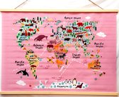 Wereldkaart - voor kinderen - met dieren - roze - 88 x 62.5 cm - groot - met ophangtouw