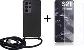 Samsung S21 Ultra Hoesje - Samsung Galaxy S21 Ultra hoesje met koord zwart siliconen case - 1x Samsung S21 Ultra screenprotector UV