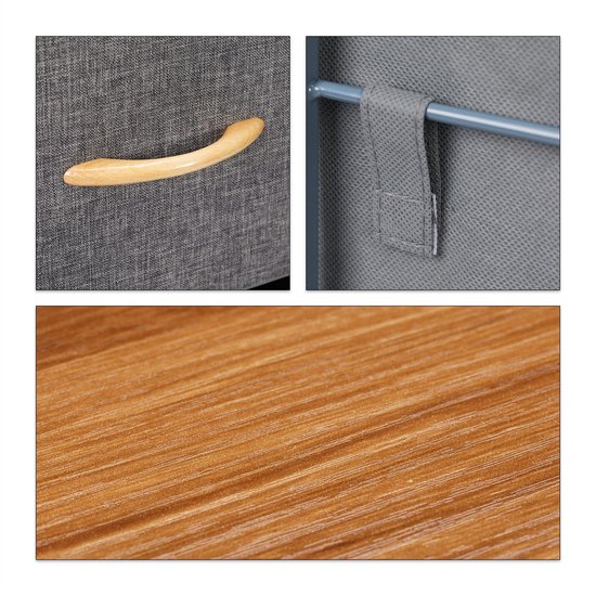 Detailfoto's: houten handvat op grijze stof, lus aan grijze stof, textuur van houtlook blad.