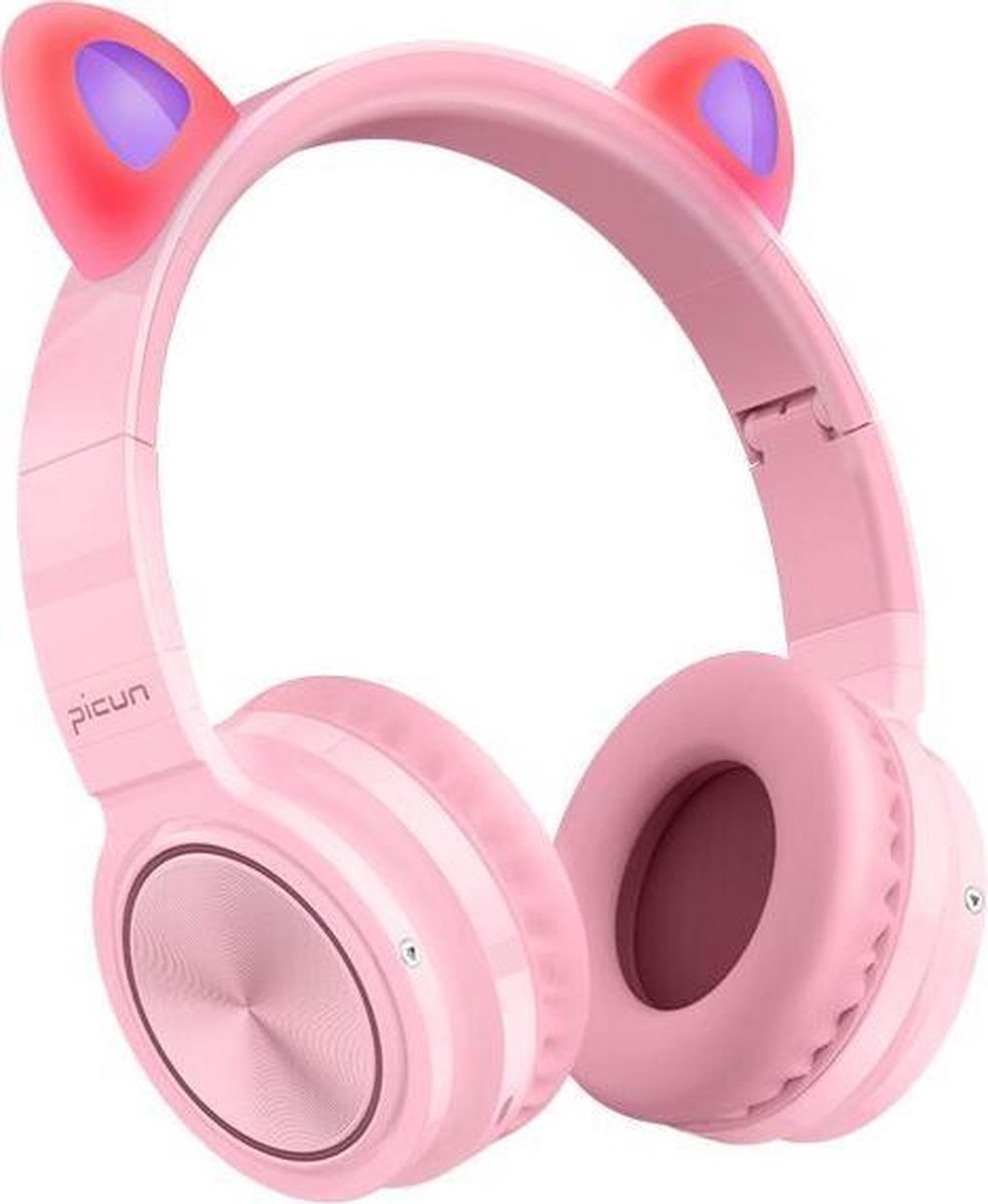 Picun lucky cat - Kinder koptelefoon – draadloze bluetooth koptelefoon – met led katten oortjes – met volume begrenzing - HD-microfoon - roze