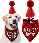 2-delige Honden verjaardags set Birthday Boy rood - hond - verjaardag - bandana -feestmuts