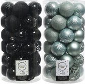 74x stuks kunststof kerstballen mix zwart en mintgroen 6 cm - Onbreekbare kerstballen - Kerstversiering