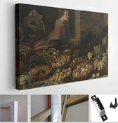 Still Life with Fruit and Vegetables, with Christ at Emmaus, by Floris van Schooten, 1630. Dutch painting, oil on canvas - Modern Art Canvas - Horizontal - 411416056 - 80*60 Horizo