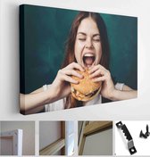 Woman holding a hamburger, holding a hamburger, opened her mouth to eat a hamburger, a woman with a hamburger - Modern Art Canvas - Horizontal - 613939973 - 50*40 Horizontal