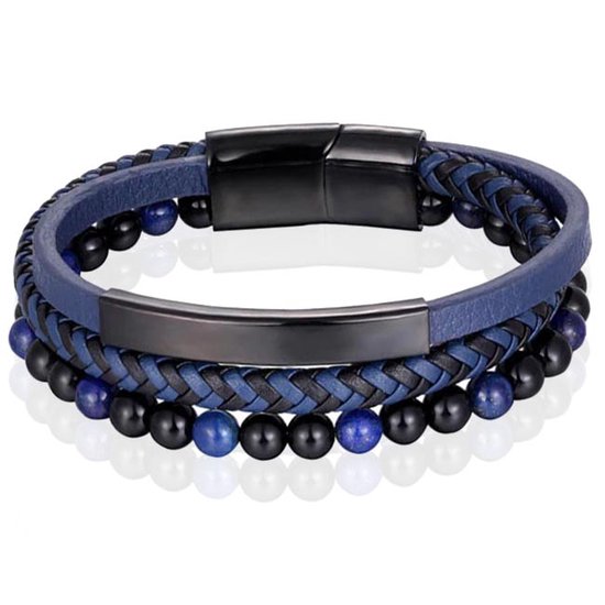 Bracelet homme Memphis Tiger eye bead cuir tressé Noir Bleu - 21cm