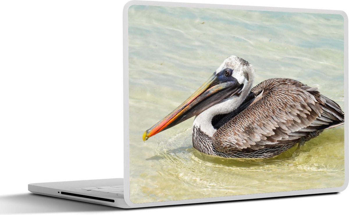 Afbeelding van product SleevesAndCases  Laptop sticker - 14 inch - Een zijaanzicht van een bruine pelikaan die rust in het water