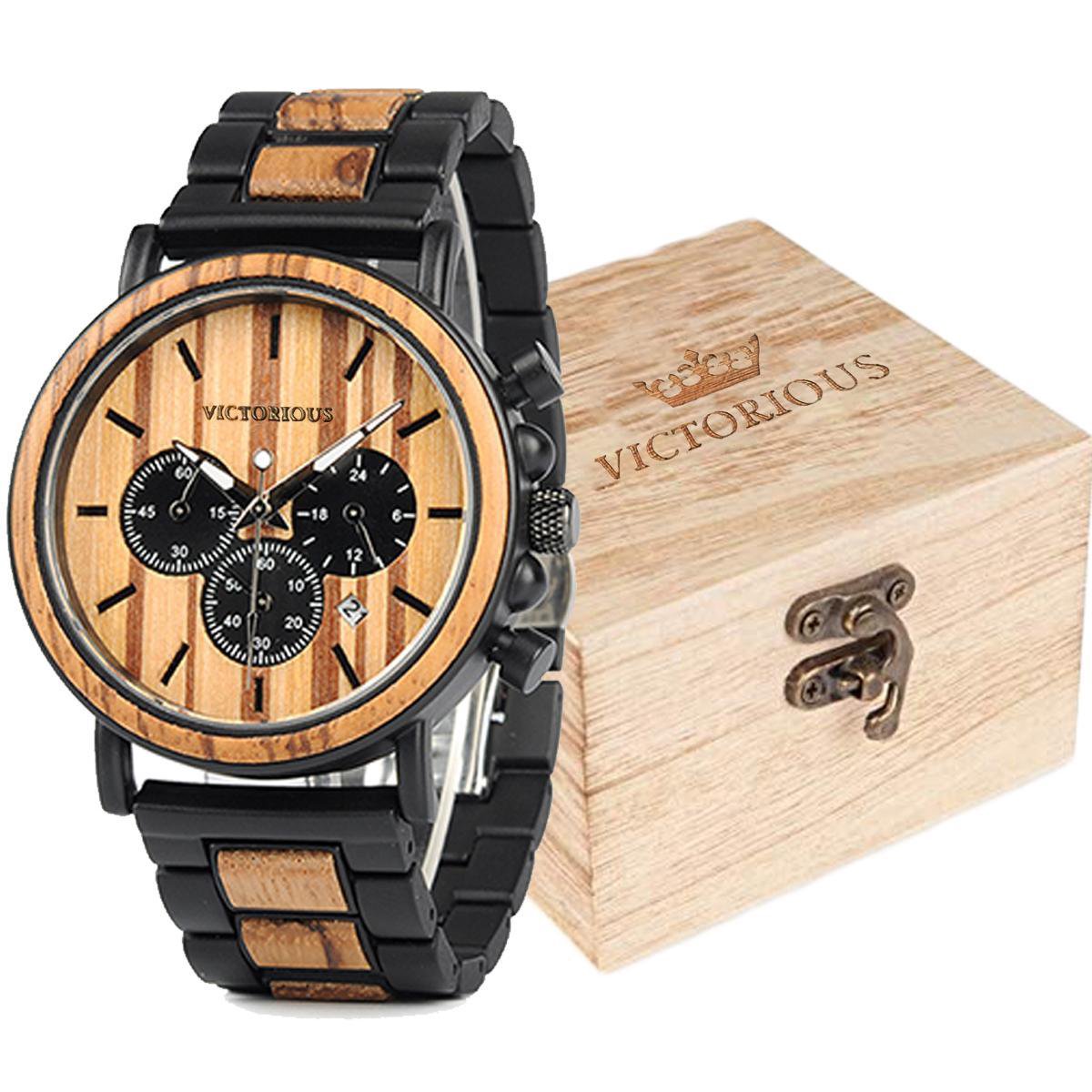 Victorious Houten Horloge Heren Wood Collections - Bruin-Zwart - Ø44mm
