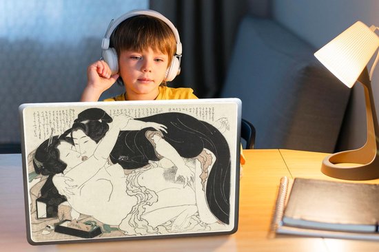 Sticker pour ordinateur portable - 15,6 pouces - Veuve et jeune homme - Peinture de Katsushika Hokusai