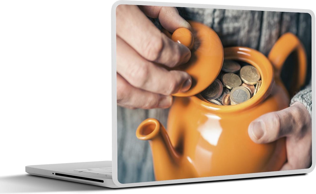 Afbeelding van product SleevesAndCases  Laptop sticker - 17.3 inch - Oranje theepot gevuld met muntgeld