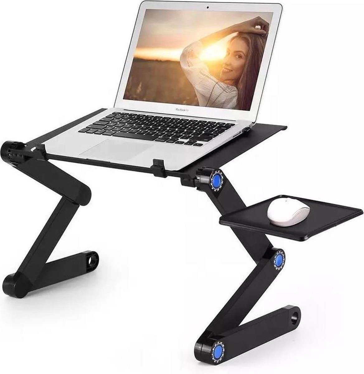 Laptopbureau voor slaapbank, draagbare laptopstandaard, klein verstelbaar bureau, opvouwbare bedtafel, bedlade tafel met bekerhouder (zwart