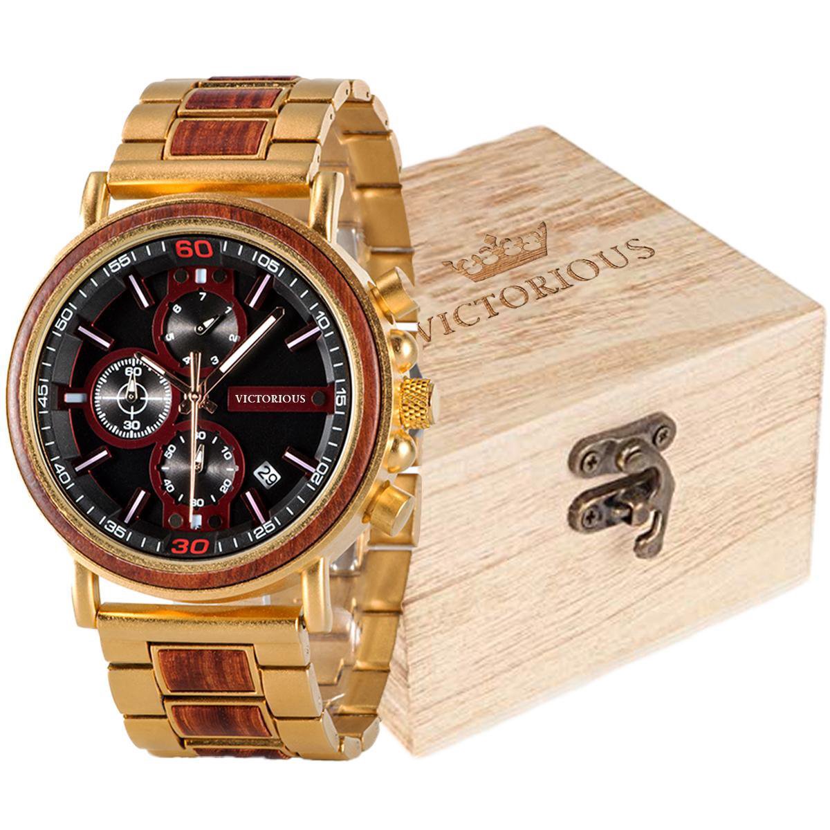 Victorious Donkerbruin Walnoothout Met Goud Staal Heren Horloge - Wood Collections - Ø44mm