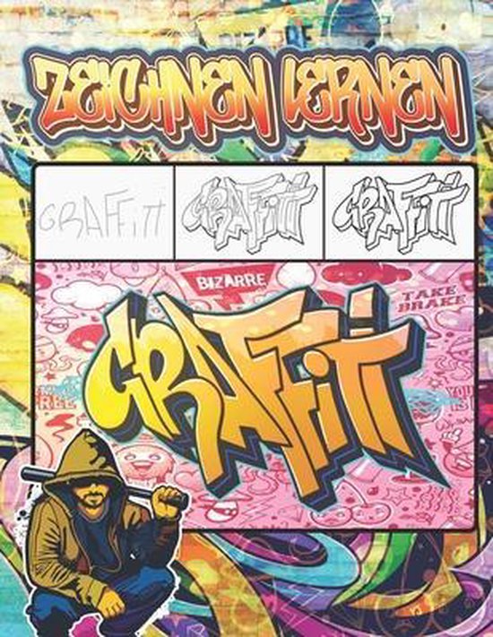 Boek kaft met Graffiti kunst, man met capuchon en graffiti tekst "GRAFFITI". Instructies om te tekenen.