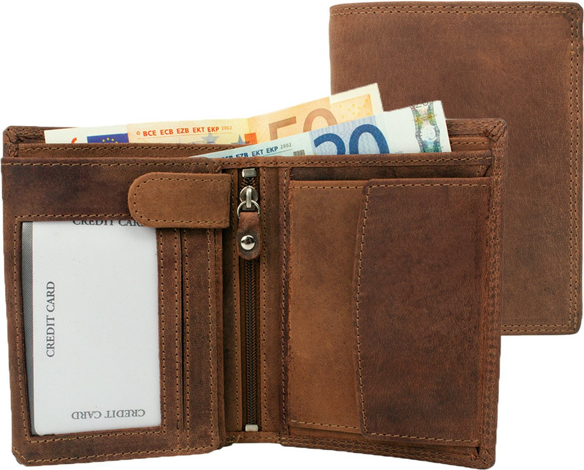 Houtkamp Leren Vintage Portemonnee uit echt Leder - Dames & Heren - Billfold Hunter Leer - RFID anti-skim beveiliging - Hoog model - Bruin