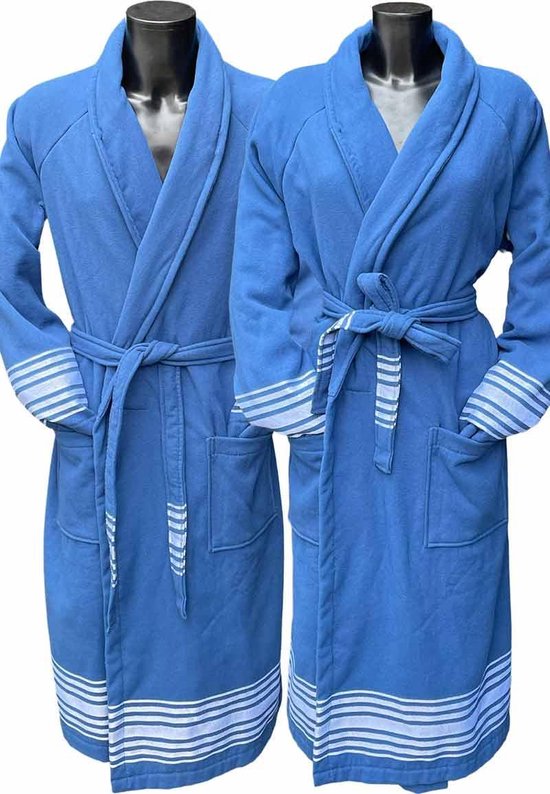 Hamam badjas katoen – sauna badjas hamam voor dames & heren unisex – sjaalkraag – hammam ochtendjas kamerjas - blauw S/M