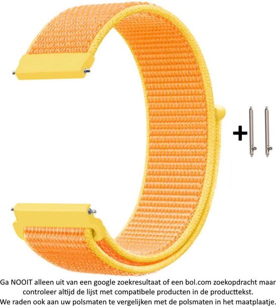 Oranje en gele nylon horlogeband met klittenbandsluiting.