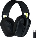Casque G435 noir avec détails vert lime, y compris un dongle USB.