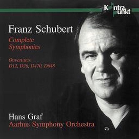 Boek met een portret van Hans Graf, dirigent van het Aarhus Symphony Orchestra. De tekst "Franz Schubert Complete Symphonies Ouvertures" is zichtbaar.
