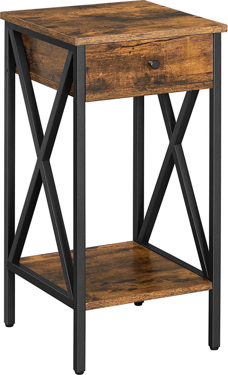 c90 - Nachtkastje, bijzettafeltje, hoog, met een lade en 2 planken, industriële stijl, vintage bruin-zwart LET501B01