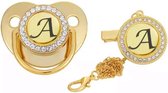 Letter fopspeen met clip - Letter A - 0 - 6 Maanden - Silica gel  - Goud -  Luxe fopspenen met diamanten - Gepersonaliseerd fopspeen