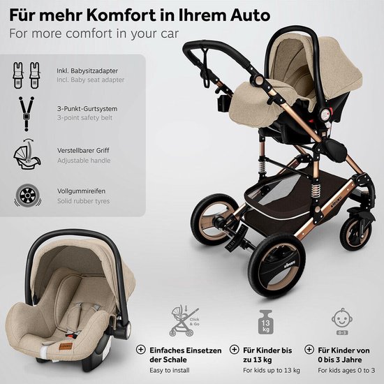 KIDUKU- in 1 combi-kinderwagen- bruin/goud- buggy incl. autostoeltje-regenhoes-... | bol.com