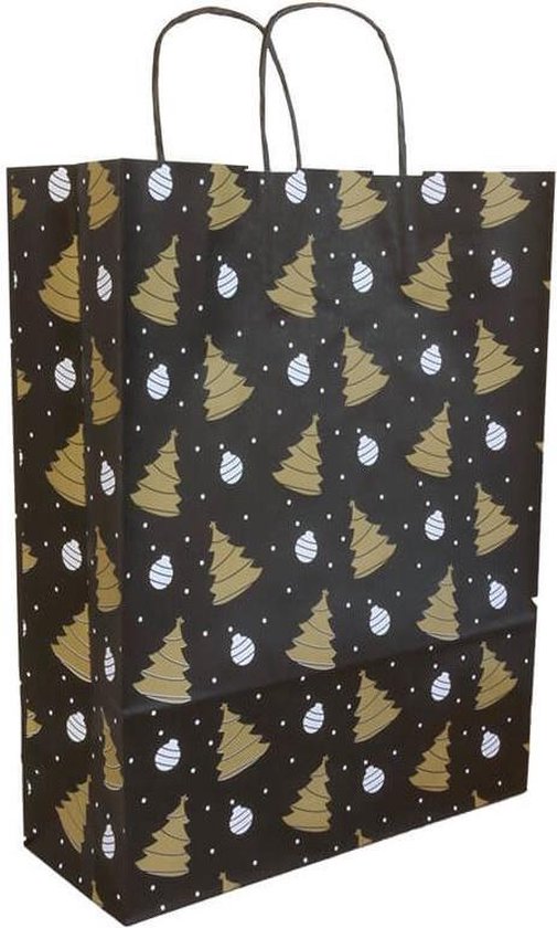 5 Kerst Cadeau tasjes Papier Zwart Wit Goud Kerstboom 25x11x32cm A4 Kadotasjes bol