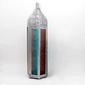 Apeirom Oosterse lantaarn - 40 cm - windlicht - geschikt voor led kaarsen - waxinelichtjes - matzilver metaal - sfeermaker –meerdere kleuren glas