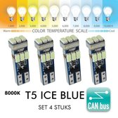 4x T5 CANBus Led Lamp set 4 stuks | ICE BLUE | IJs Blauw | 8000k | 400 Lumen | 12V | 9 SMD | Verlichting | W3W W1.2W Led Auto-interieur Verlichting Dashboard Warming Indicator Wig