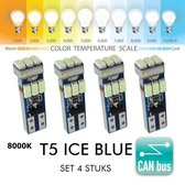 4x T5 CANBus Led Lamp set 4 stuks | ICE BLUE | IJs Blauw | 8000k | 400 Lumen | 12V | 9 SMD | Verlichting | W3W W1.2W Led Auto-interieur Verlichting Dashboard Warming Indicator Wig auto Instrument Lamp | Autolamp | Autolampen | 8000 Kelvin |