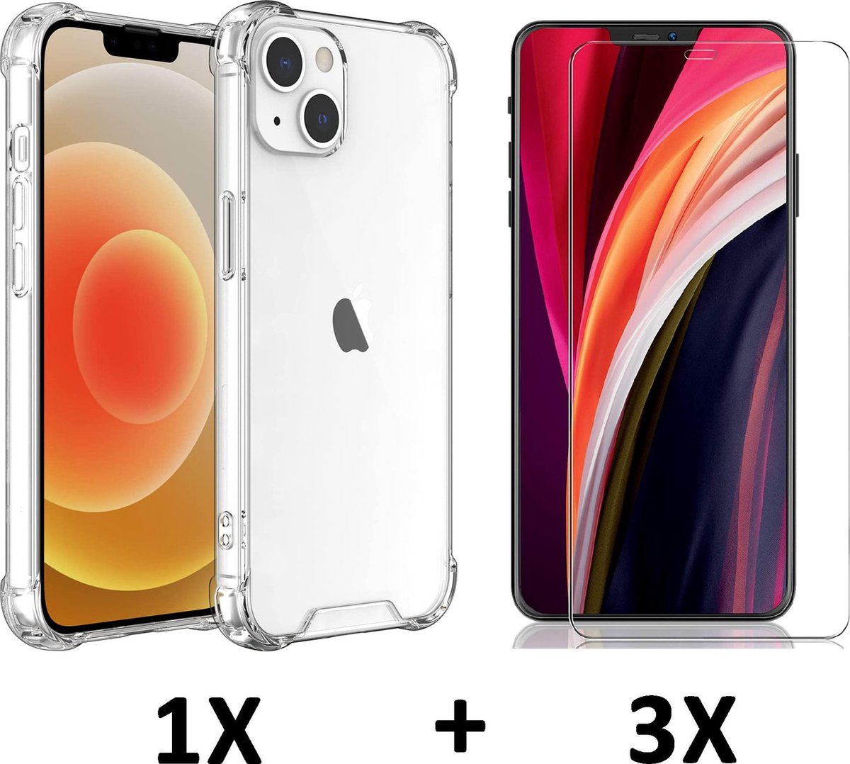 HB Hoesje Geschikt voor Apple iPhone 13 - Transparant / 3X Glazen Screenprotector - Anti-Shock Hybrid Back Cover