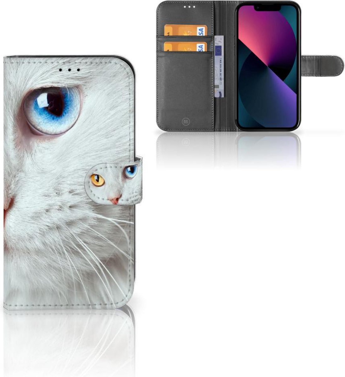 Apple iPhone 13 Telefoonhoesje met Pasjes Witte Kat