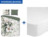 Luxe Zachte Dekbedovertrek Tweepersoons - Lits Jumeaux - 240x200/220cm - Inclusief 2 Kussenslopen - 100% Versterkt Katoen - Blossom + Zachte Katoenen Hoeslaken - 180x200cm - Wit