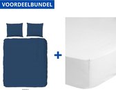 Luxe Dekbedovertrek Eenpersoons 140x200/220cm - Inclusief 1 Kussensloop - Strijkvrij - 100% Versterkt Katoen - Denim Blauw + Zachte Katoenen Hoeslaken - 80x200cm - Wit