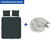 Luxe Dekbedovertrek Eenpersoons 140x200/220cm - Inclusief 1 Kussensloop - Strijkvrij - 100% Versterkt Katoen - Donkergroen + Wasbaar Microfiber Dekbed - 140x200cm - Wit