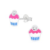 Joy|S - Zilveren cupcake oorbellen 8 mm glitter roze wit blauw