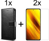 Xiaomi Poco M3 hoesje bookcase met pasjeshouder zwart wallet portemonnee book case cover - 2x Xiaomi Poco M3 screenprotector