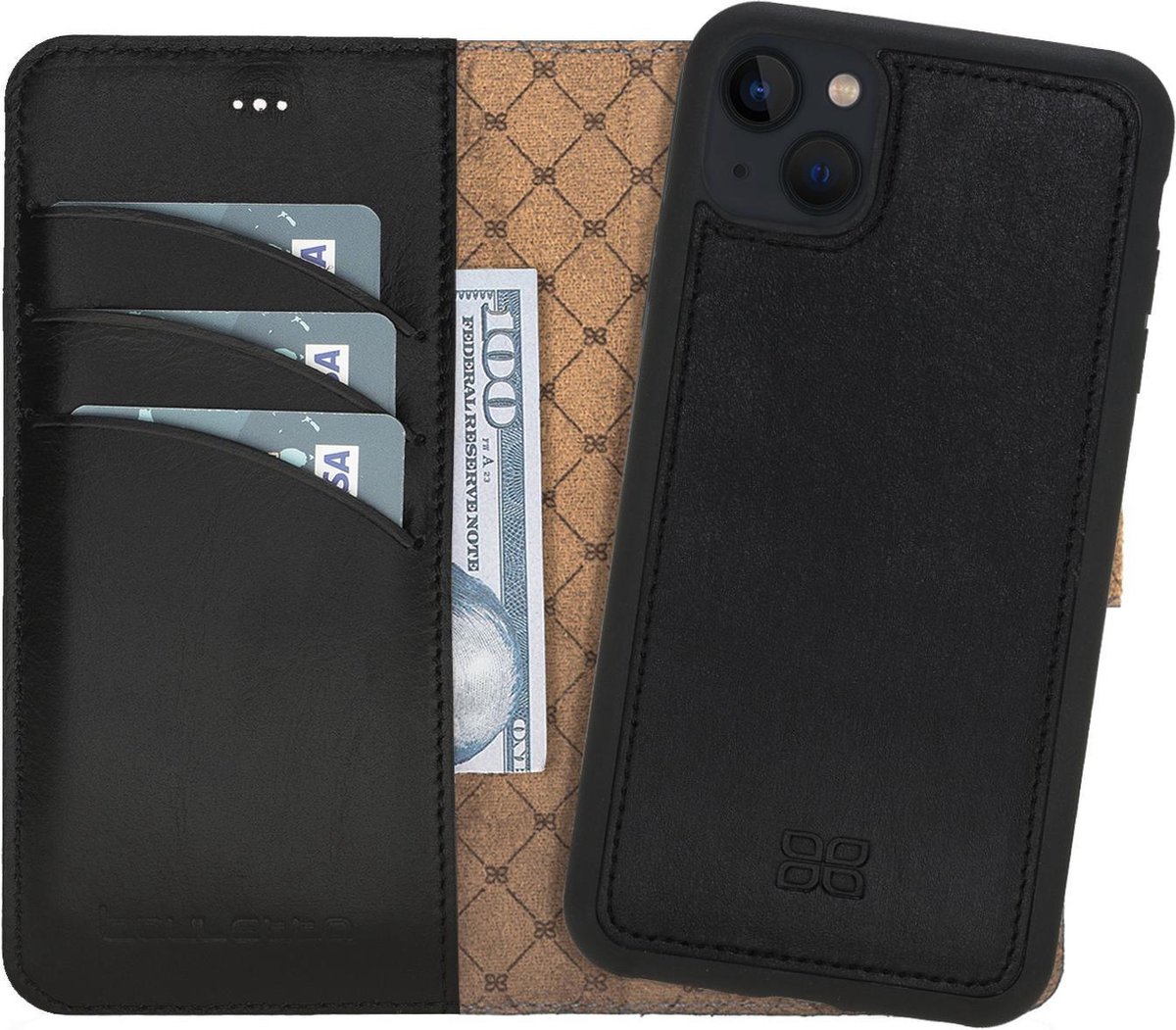 Bouletta geschikt voor iPhone 13 Uitneembare leren BookCase hoesje - Rustic Black