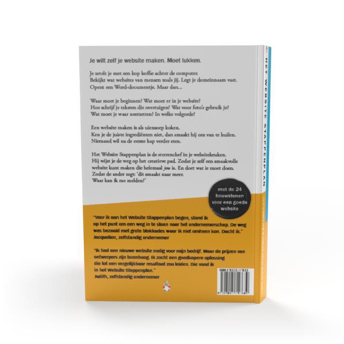 Achterkant van het boek 'Het Website Stappenplan' met tekst en twee citaten.