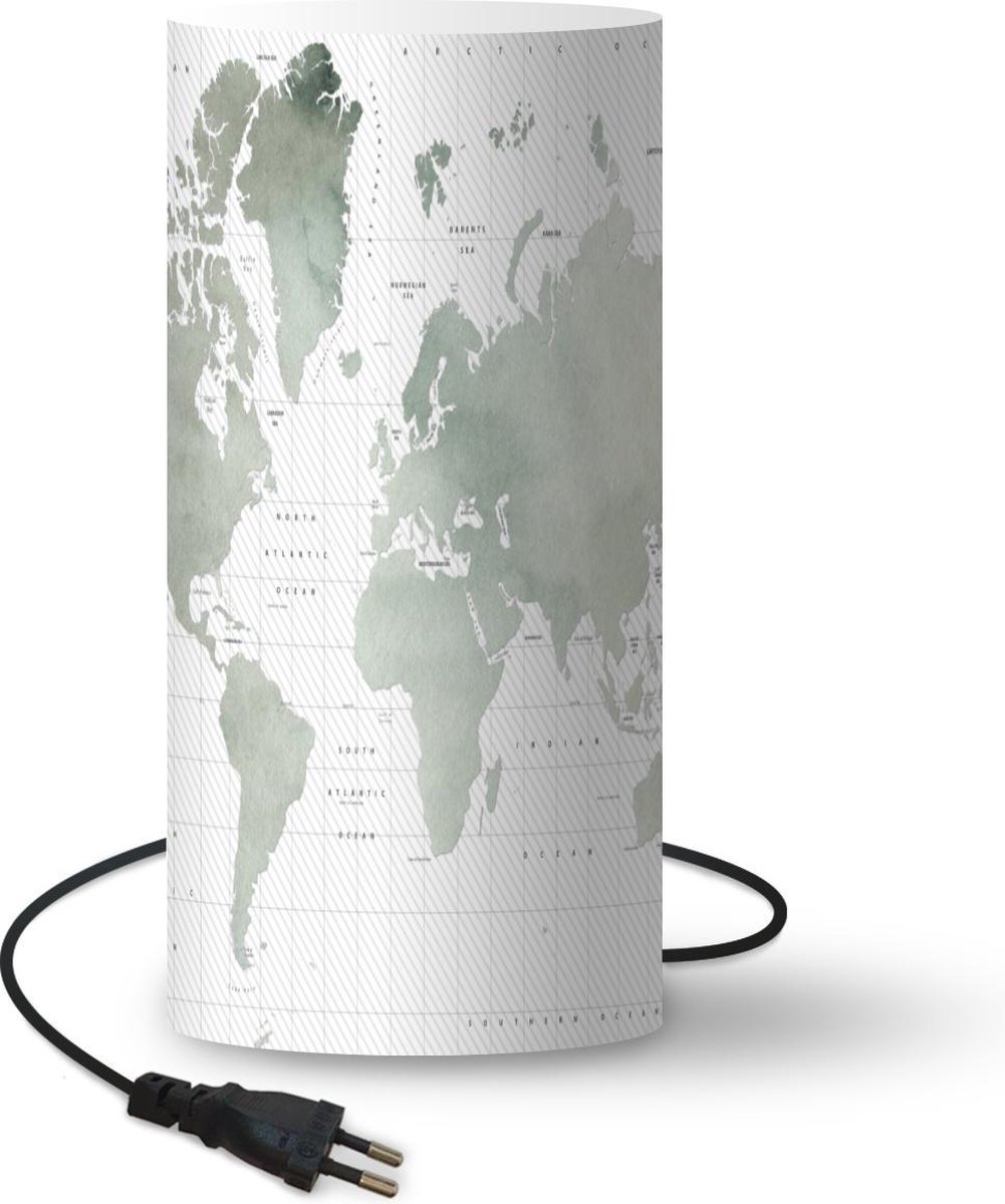 Lamp - Nachtlampje - Tafellamp slaapkamer - Wereldkaart - Waterverf - Grijs - 54 cm hoog - Ø24.8 cm - Inclusief LED lamp