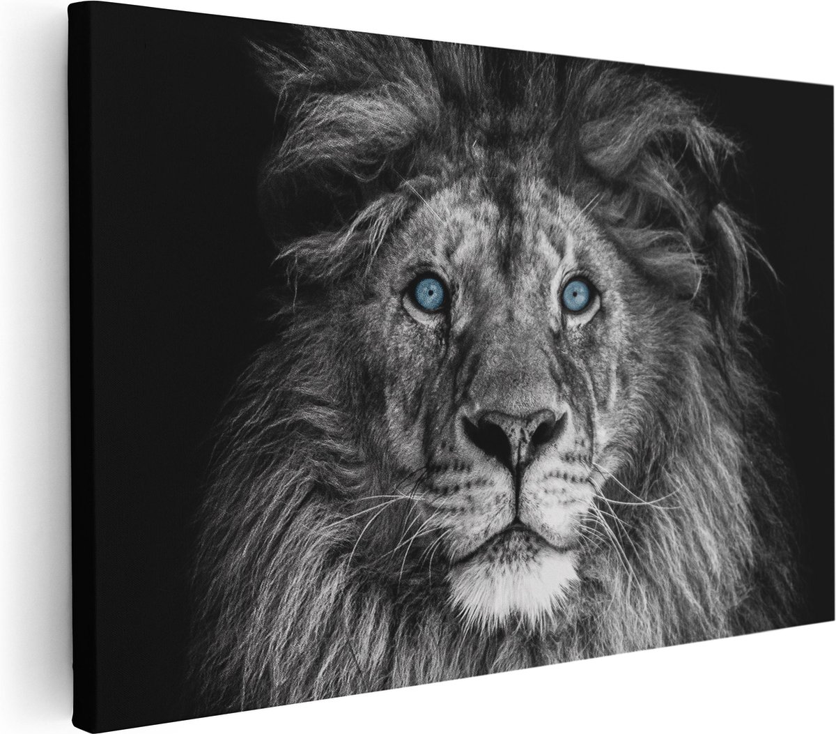 Artaza Canvas Schilderij Leeuw Met Blauwe Ogen - Zwart Wit - 30x20 - Klein - Foto Op Canvas - Canvas Print