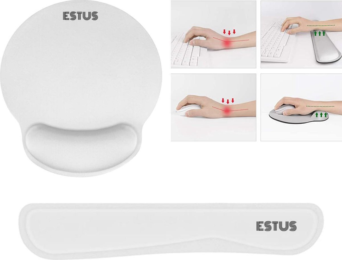 Estus Muismat met polssteun - Polssteun toetsenbord - Polssteun - Ergonomische muismat - Muismat ergonomisch - Antislip - Wit